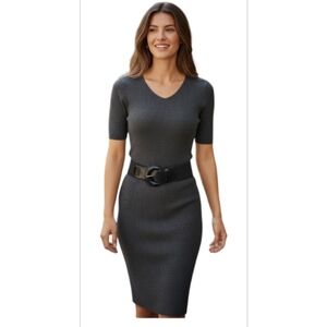 Wool Blend Ribbed Knit Dress, The Limited, Gray Midi Dress ( Belt Not Included)
